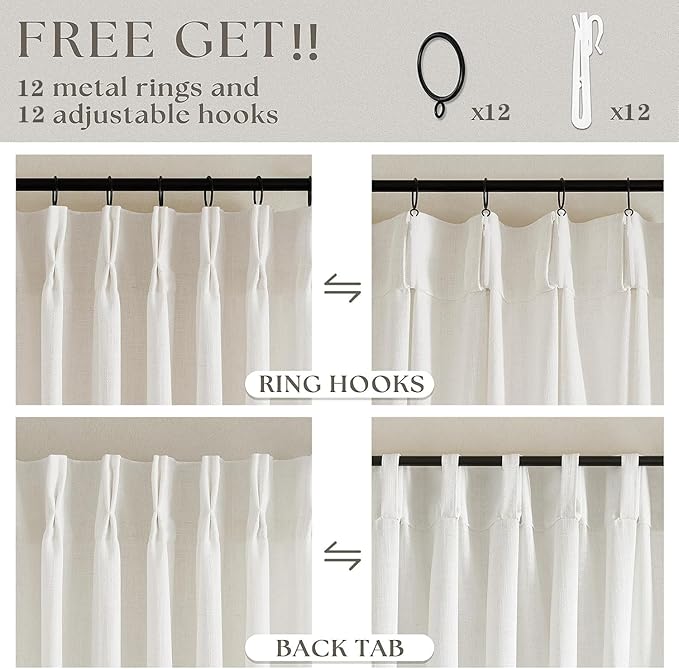 Extra Wide Pinch Pleat Linen Curtains 120 Inches Long for Living Room Sliding Glass Door 70 Inch Wide Sheer Curtain Cream Ivory Boho Pleated Drape with Hooks Rings 70x120 Large Window Curtain 1 Panel