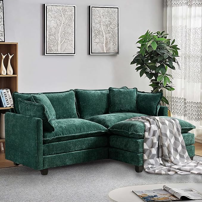 SoarFlash Chenille 77.95" Sectional Sofa, Comfy L Shaped Modular Coush Sofa with Ottoman, Modern 2 Seat Couch Deep Seat Sofa Set for Living Room,Green