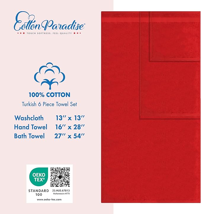Cotton Paradise 6 Piece Towel Set, 100% Cotton Soft Absorbent Turkish Towels for Bathroom, 2 Bath Towels 2 Hand Towels 2 Washcloths, Red Towel Set