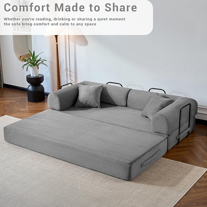 Compressed Sofa, Convertible Sofa Bed, Corduroy Compression Boneless Couch with Pillow, Comfy Modular Foldable Floor Sleeper Sofa for Bedroom, Living Room, Lounge, Studio (Light Gray)