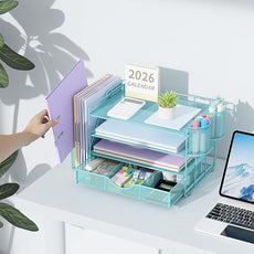 gianotter Desk Organizers and Accessories with File Holder, 4-Tier Desk Accessories & Workspace Organizers with Drawer and 2 Pen Holder, Paper Organizer for Office Supplies (Blue)