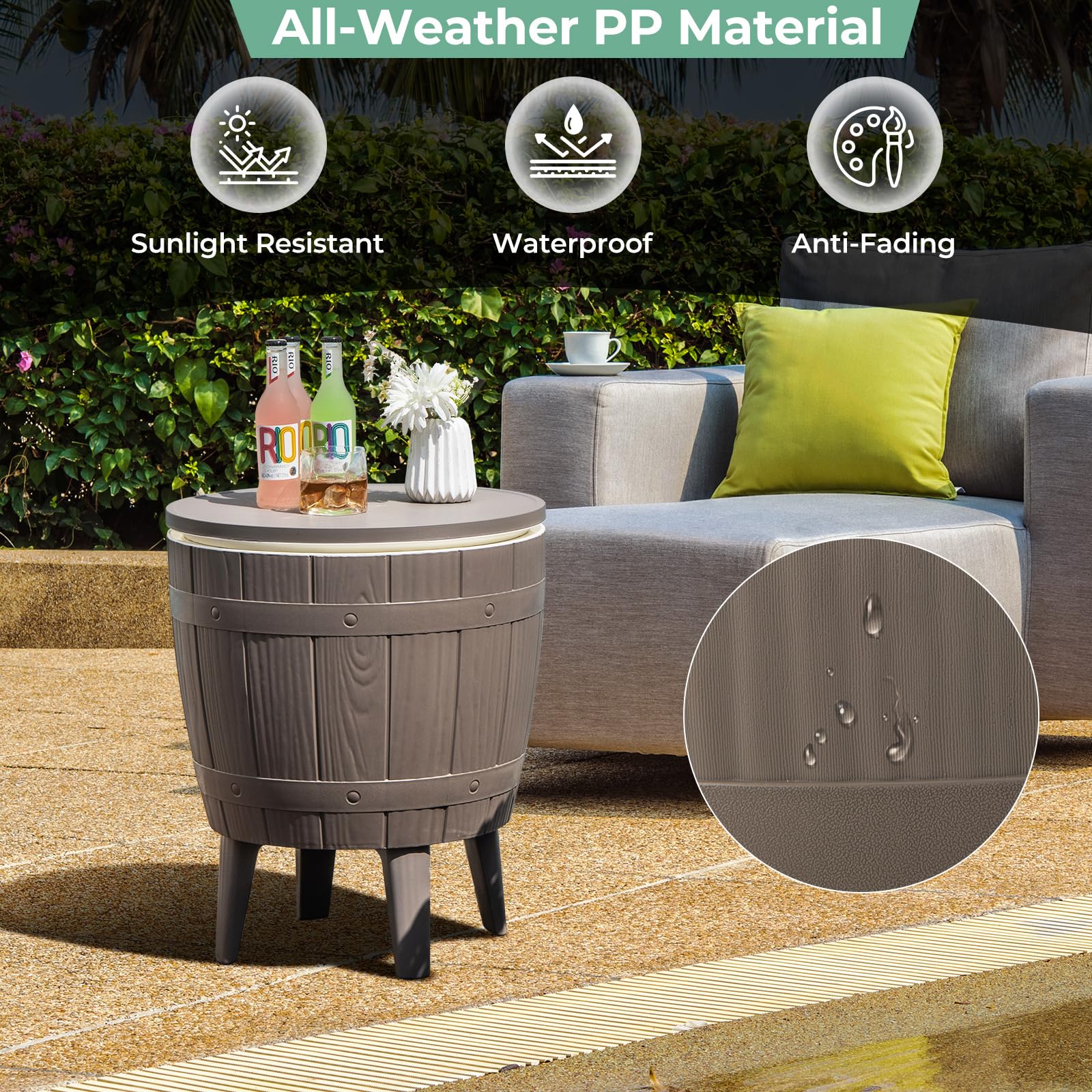 Giantex Cooler Side Table Outdoor, 10 Gallon Ice Cooler with Drainage Plug, Adjustable Height, 3-in-1 Cocktail Patio Par Table for Beer Wine Storage, Deck Pool Backyard Party, Taupe (Wood-Style)