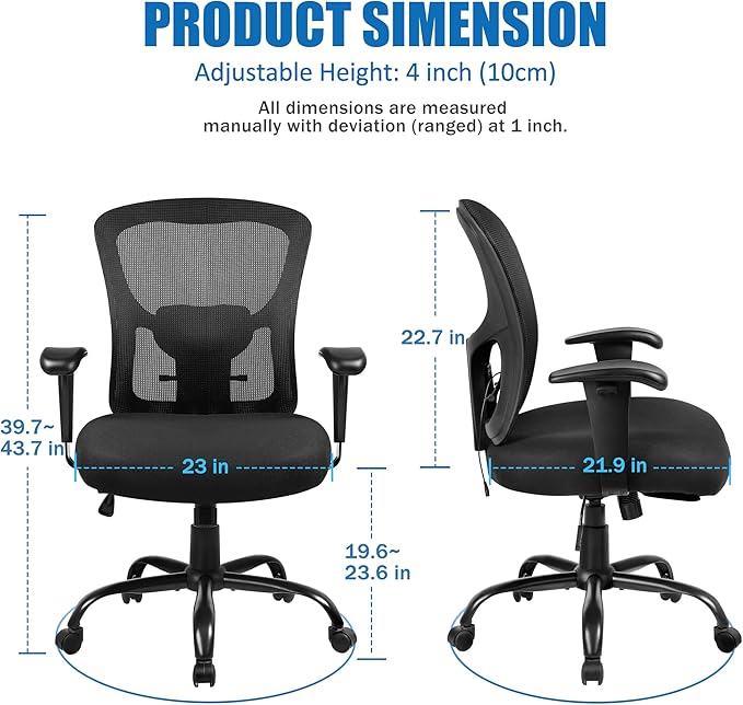 Bigroof Home Office Chair Ergonomic Mesh Desk Chair 400lbs with Adjustable Lumbar Support Arms High Back Wide Seat Task Executive Rolling Swivel Chair for Women Men, Heavy People
