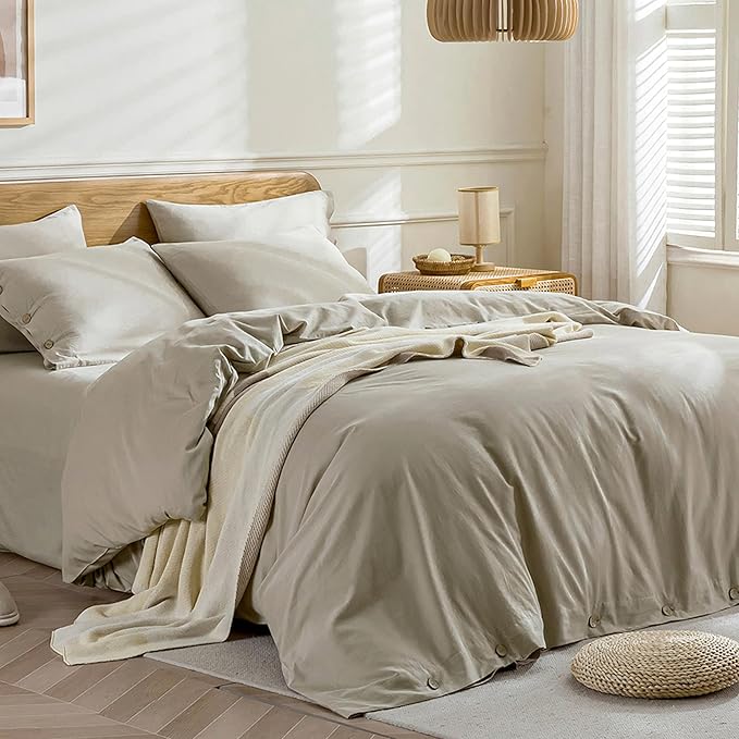 JELLYMONI Cotton Duvet Cover King Size - Linen Gray Comforter Cover with Button 100% Washed Cotton 3PCS Breathable Soft Solid Bedding Set Duvet Cover 104×90in & 2 Pillowcases (NO Comforter)