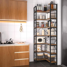 7-Tier Corner Bookshelf, Reversible Wooden Shelves, Industrial Bookcase with Open Shelves and Sturdy Metal Frame, Display Shelf Storage Rack for Living Room, Bedroom, Home Office (Rustic Brown)