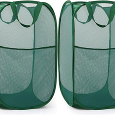 2 Pack Durable Collapsible Laundry Baskets - Reinforced Mesh Pop Up Laundry Hamper with Pocket, Foldable Dirty Clothes Hamper with Carry Handles for Laundry, Bathroom, Kids Room, Dorm or Travel Green