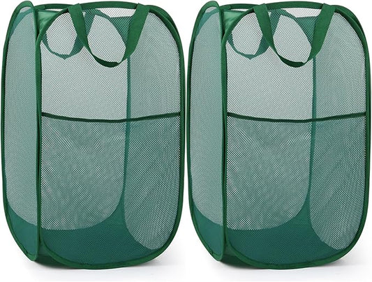 2 Pack Durable Collapsible Laundry Baskets - Reinforced Mesh Pop Up Laundry Hamper with Pocket, Foldable Dirty Clothes Hamper with Carry Handles for Laundry, Bathroom, Kids Room, Dorm or Travel Green