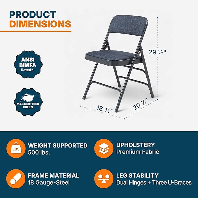 OEF Furnishings OEF2300 Series Heavy-Duty Premium Fabric Padded Upholstery Double-Hinged Triple-Braced Folding Chairs (4-Pack, Midnight Blue)