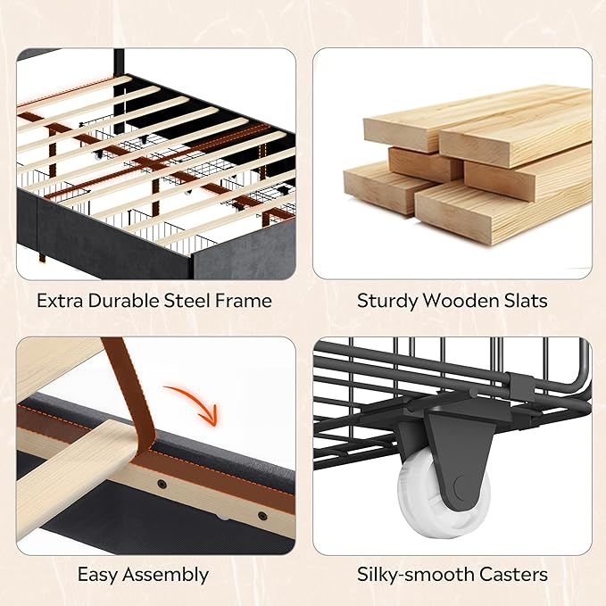 WLIVE Queen Size Upholstered Bed Frame with 4 Storage Drawers and Headboard, Velvet Platform Bedframe, Sturdy Metal & Wooden Slats Support, No Box Spring Needed, Easy Assembly, Dark Grey