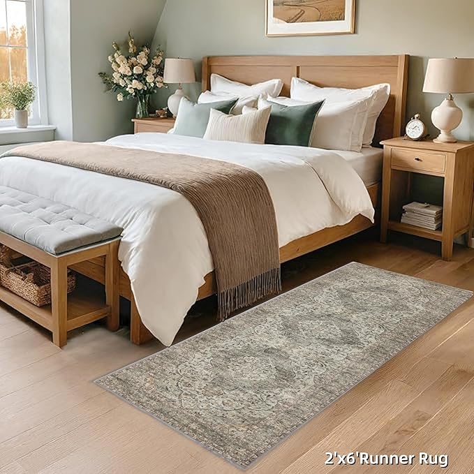 RCTJHOME 2'x6' Runner Rug for Hallway with 4 non-slip tapes, Machine Washable Kitchen Boho Runner Rug, Distressed Bedroom Beside Rug, Laundry Room, Farmhouse Entryway Mat, Distress Floral Forest Green