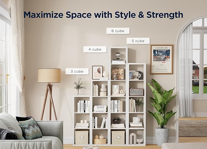 4 Cube Storage Organizer Single Row, Cube Shelf with Heavy-Duty Thick Boards, 13.31" L x 9.37" W x 48.82" H, Smooth Easy-Clean Panels, Simple Assembly, for Living Room Bedroom Office, White