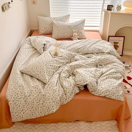 HighBuy Boho Cotton Floral Duvet Cover Twin White Coquette Bedding Comforter Quilt Duvet Covers with Pink Floral,Garden Floral Bedding Set Twin Lightweight Soft Cottagecore Duvet Cover Sets Cute