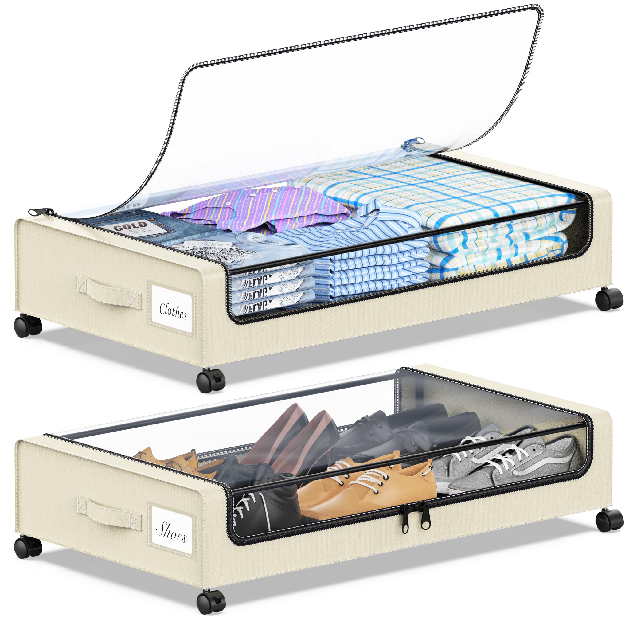 YAASHEEN Under Bed Storage with Wheels, 2-Pack Under the Bed Storage Containers with Clear Lids & Label, Underbed Storage Bins, XXL 60L Rolling Metal Drawer for Clothes, Shoes, Toys, Books - Black Dormly