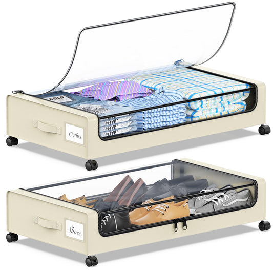 YAASHEEN Under Bed Storage with Wheels, 2-Pack Under the Bed Storage Containers with Clear Lids & Label, Underbed Storage Bins, XXL 60L Rolling Metal Drawer for Clothes, Shoes, Toys, Books - Black Dormly