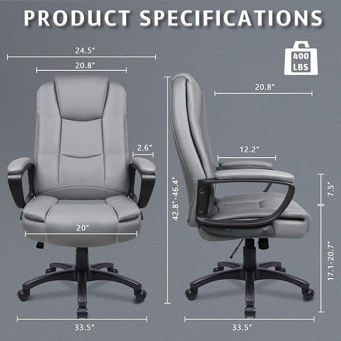 LEMBERI Office Desk Chair, High Back Executive Computer Chair, Ergonomic Big and Tall Adjustable PU Leather Chairs with Padded Armrest for Long Time Sitting, Grey