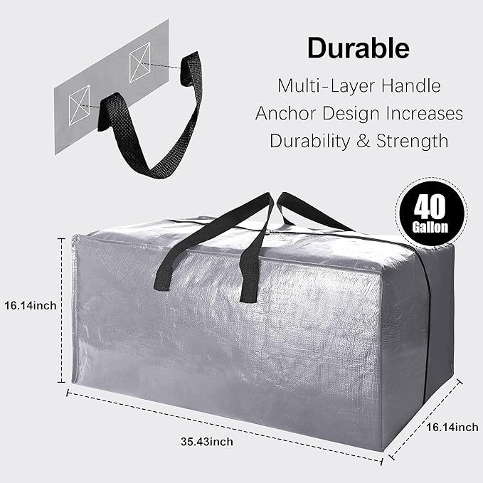 6 Pack Heavy Duty Extra Large Moving Bags W/Backpack Straps - Strong Handles & Zippers, Storage Totes For Space Saving, Fold Flat, Alternative to Box and Bin (40 gal, Silver)