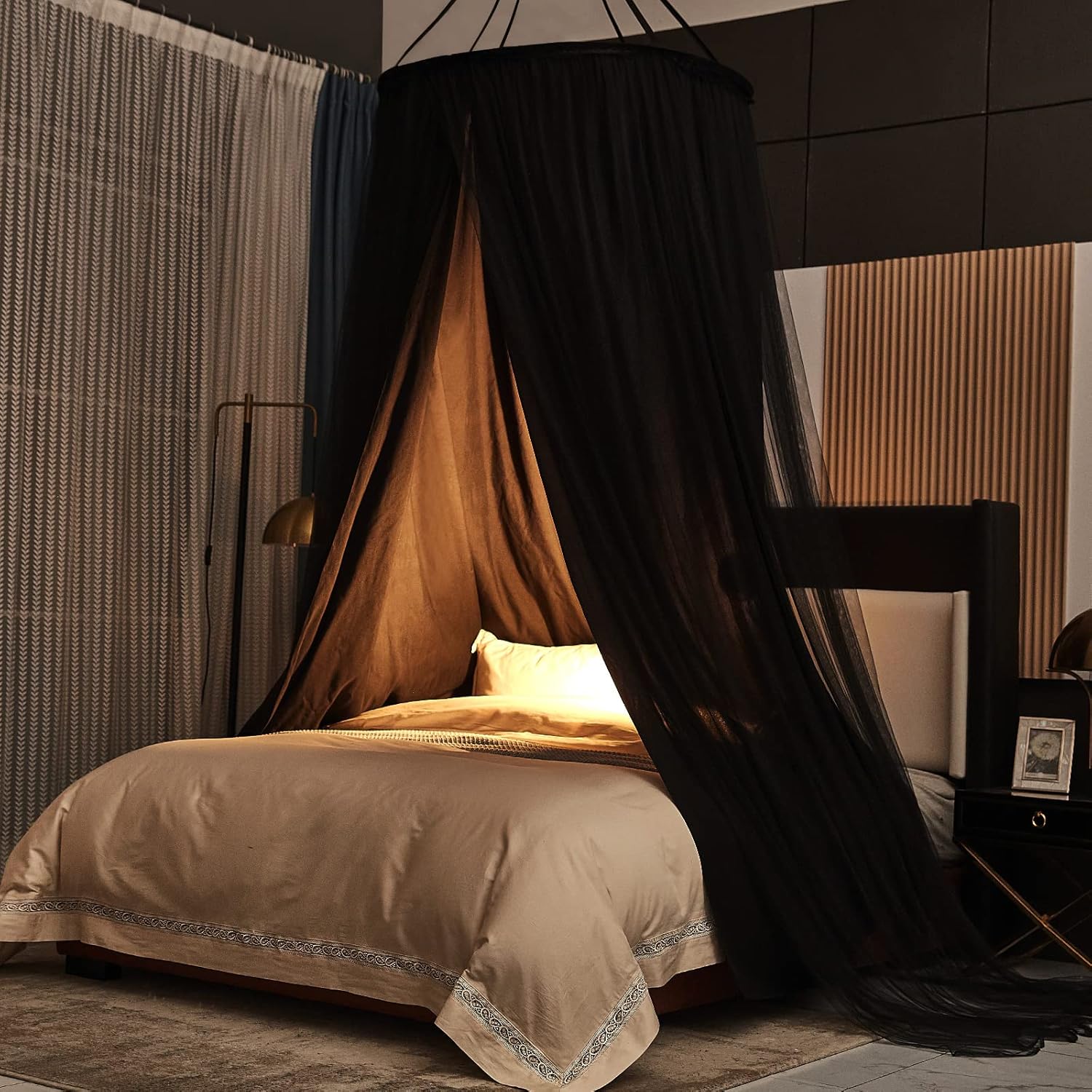 Kertnic Luxurious Bed Canopy for Girls & Adults - Double Layer Princess Canopy with Lace, Round Dome Mosquito Netting for Queen/King Bed Tent (Black) Dormly