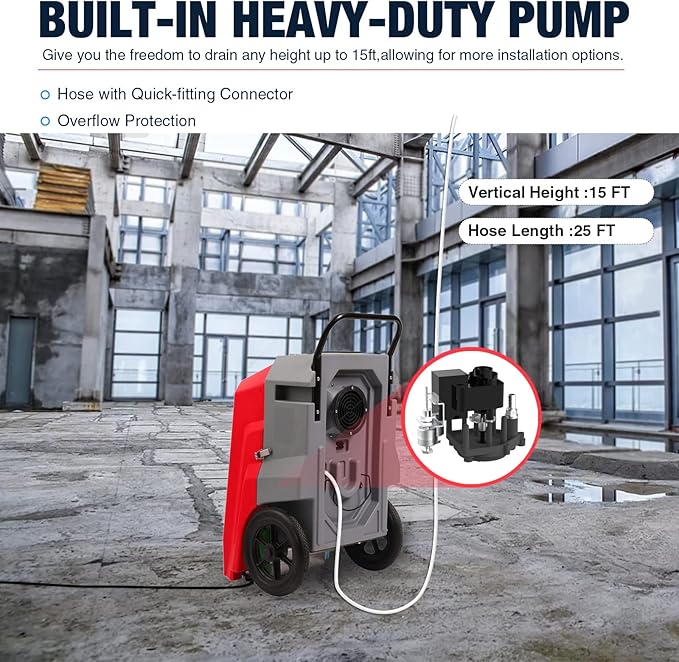 MOUNTO 180Pints LGR Industrial Dehumidifier with Pump and Drain Hose, Portable Commercial Dehumidifier with Wheels for Home, Basements, Garages, and Job Sites (Red)