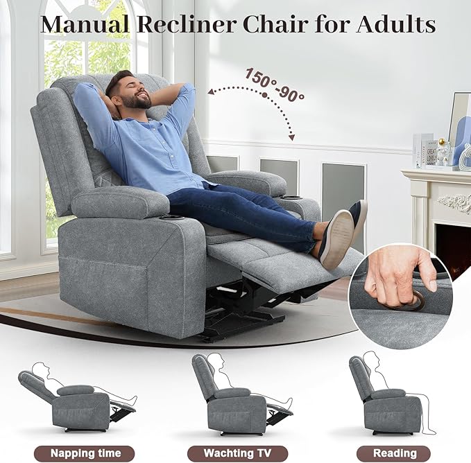 3 Seater Recliner Sofa Set with 2-Tier Cushion, 3+1+1 Pieces in Living Room, 3 Seater Reclining Couch Leather with Removable Console, 2 Oversize Recliner Chair Sofa Seat