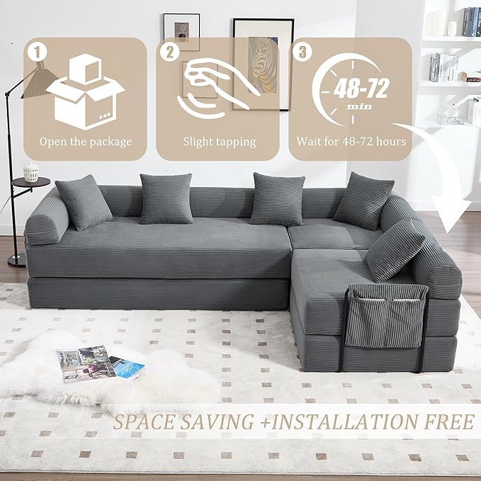 106" Oversized Convertible Sleeper Sofa Bed, Corduroy L Shape Sectional Couch, Folding Sofa Bed with Side Pocket, Modern Cloud Floor Mattress Couch, Modular Sofa for Living Room, Gray