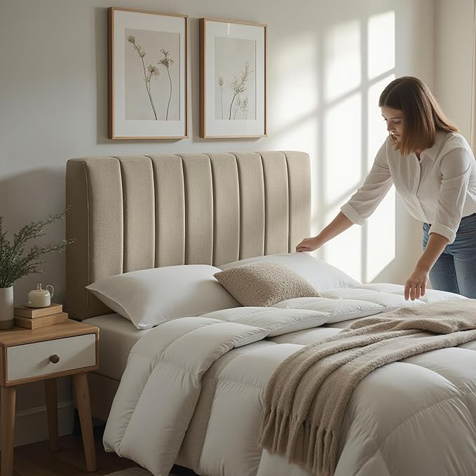 Hearth & Harbor Upholstered King Headboard - Easy Assemble Channel Stitched Headboard King Size Bed - Wall Mounted Headboards with 3D Soundproof Wall Panels Peel & Stick Floating Headboards, Linen