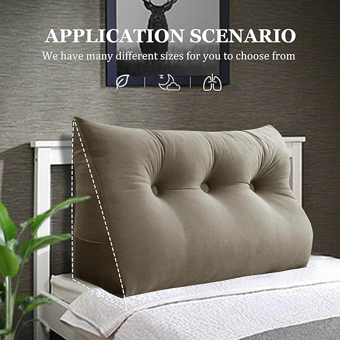 8 lbs Thickened Twin Wedge Pillow Headboard College Dorm Bed Velvet Wedge Pillow Backrest Triangular Headboard Pillows with Side Pocket, Dorm Bedding Essentials for Girls & Boys, Taupe