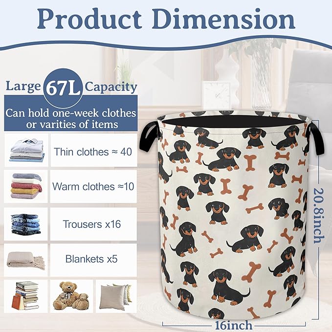 Cute Dachshund Laundry Basket,Foldable Oxford Cloth Bone Laundry Hamper With Handle, 20.8"x16" Portable Clothes Storage Basket Bag for Laundry Room/Bathroom/Bedroom/Dormitories