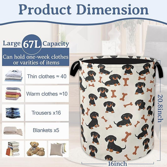 Cute Dachshund Laundry Basket,Foldable Oxford Cloth Bone Laundry Hamper With Handle, 20.8"x16" Portable Clothes Storage Basket Bag for Laundry Room/Bathroom/Bedroom/Dormitories