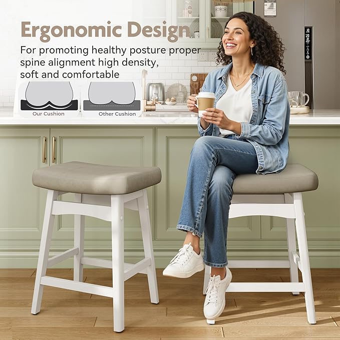 MAISON ARTS Beige Counter Height Bar Stool for Kitchen Counter Solid Wood Legs with Faux Leather Saddle Seat Farmhouse Barstools for 34"-38" Counter Island Upholstered Stools, 24in Height
