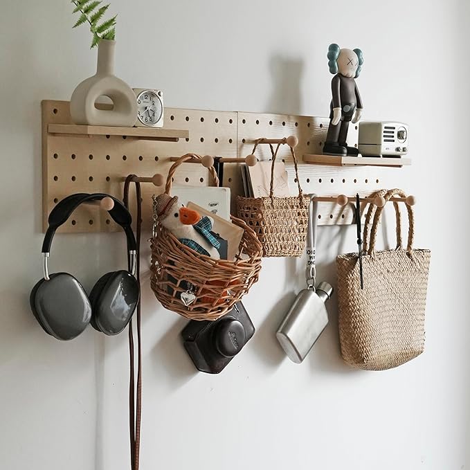 Wooden Pegboard Modular Display Organization Storage Wall Hooks Shelf (Birch Colored Finish-B)