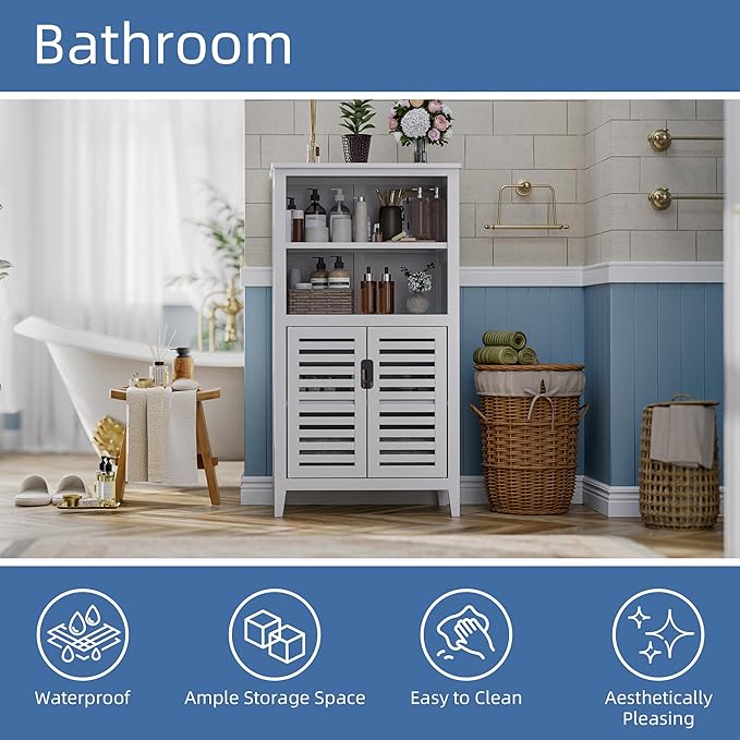 HITNET White Bathroom Cabinet, Bamboo Storage Cabinet Freestanding, Side Tall Storage Organizer for Kitchen Living Room Entryway