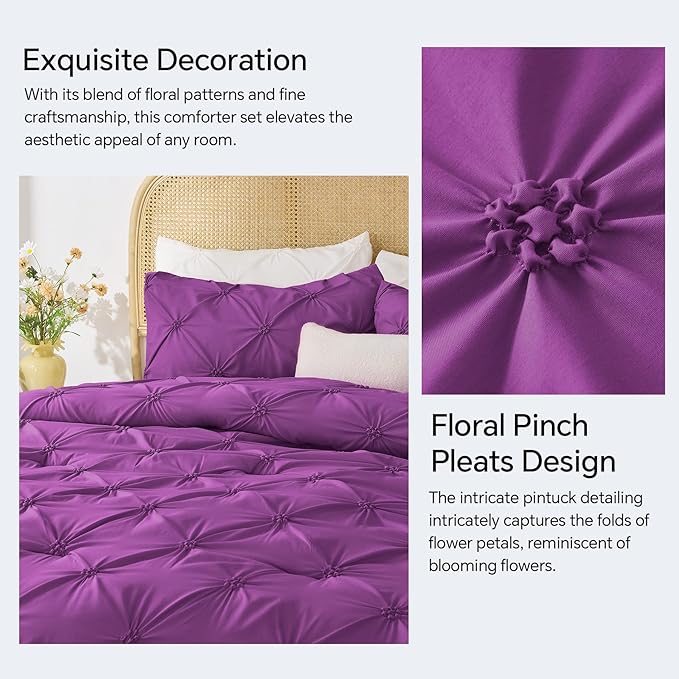 BEDELITE Purple Queen Comforter Set - 3 Pieces Boho Pintuck Bedding Comforter Sets, Lightweight Soft & Warm Bed Comforter Queen with 2 Pillowcases for All Season
