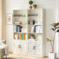 70in Tall Bookshelf 6 Tier Bookcase with Barn Doors and Adjustable Shelf, White Farmhouse Book Shelves with Storage Cabinet,Wood Floorstanding Display Bookshelve for Bedroom,Living Room,2 Piece