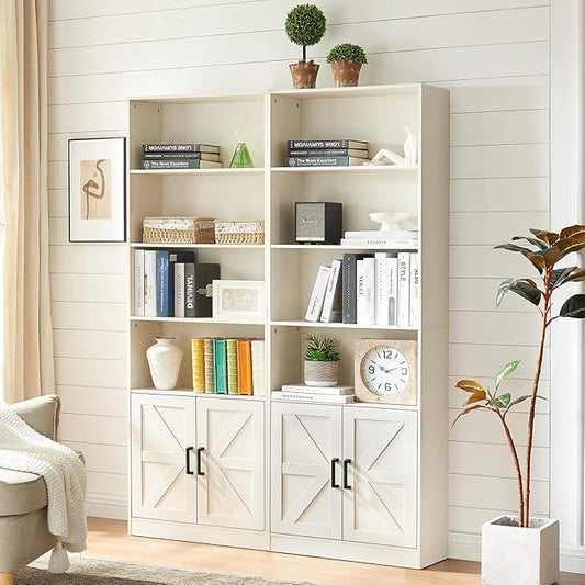 70in Tall Bookshelf 6 Tier Bookcase with Barn Doors and Adjustable Shelf, White Farmhouse Book Shelves with Storage Cabinet,Wood Floorstanding Display Bookshelve for Bedroom,Living Room,2 Piece