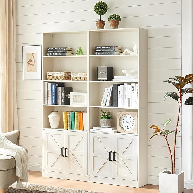 70in Tall Bookshelf 6 Tier Bookcase with Barn Doors and Adjustable Shelf, White Farmhouse Book Shelves with Storage Cabinet