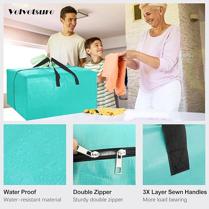 6 Pack Heavy Duty Large Moving Bags W/Backpack Straps - Strong Handles & Zippers, Storage Totes For Space Saving, Fold Flat, Alternative to Moving Box and Storage Bin, Aquamarine