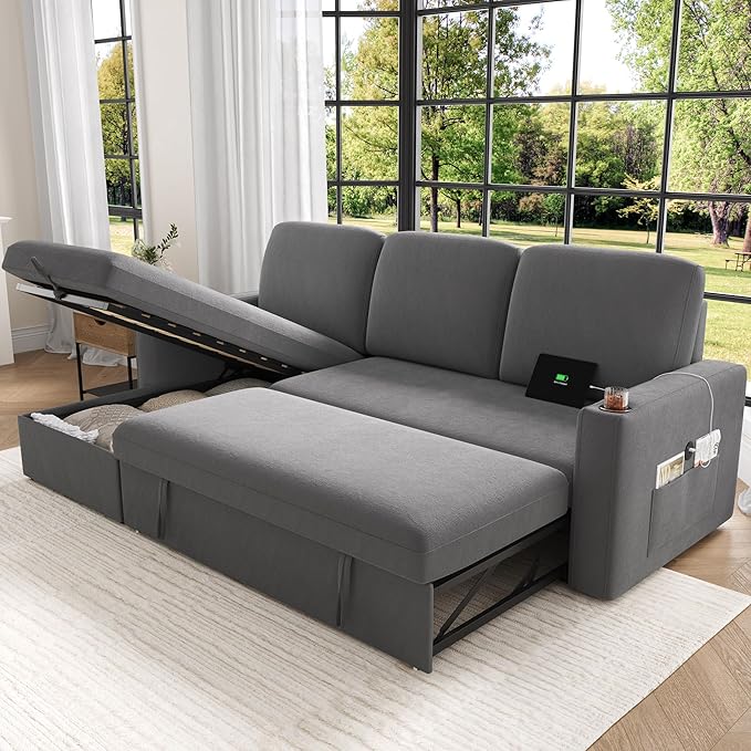Keyluv 87" Pull Out Sleeper Sofa Bed with Storage Chaise, Reversible 2 in 1 Sectional Sofa Bed with Charging Station and Cup Holder, L-Shaped Sofa Couch for Living Room, Velvet Dark Gray