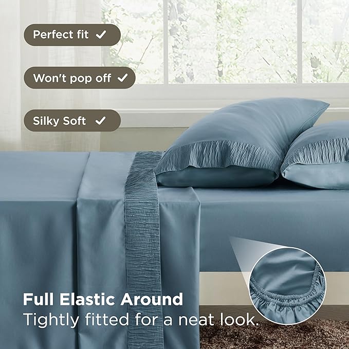 Bedsure Queen Sheet Set - Soft Sheets for Queen Size Bed, 4 Pieces Hotel Luxury Mineral Blue Sheets Queen, Easy Care Polyester Microfiber Cooling Bed Sheet Set