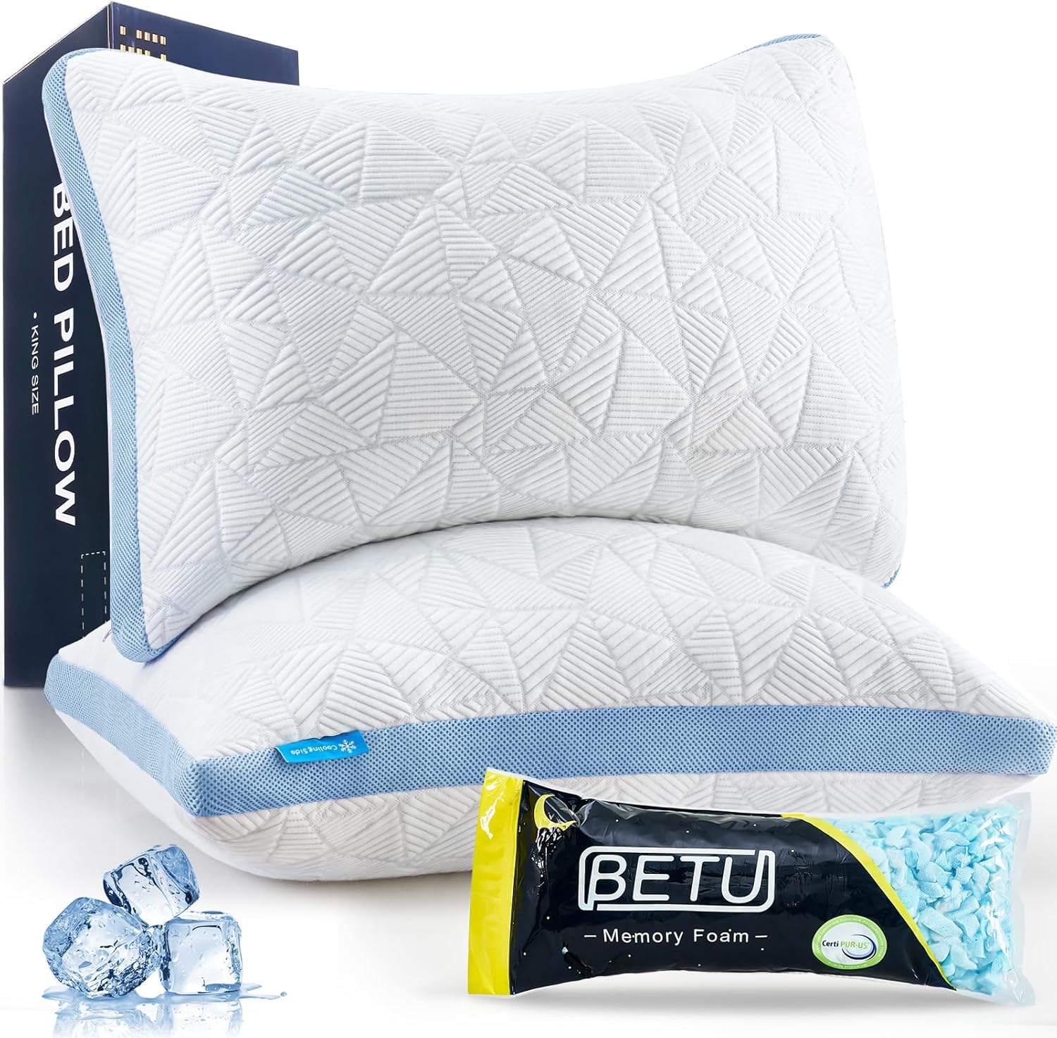 BETU Standard Pillow, Cooling Shredded Memory Foam Pillow for Hot Sleepers College Dorm Room Essentials, Adjustable Firm Gel Cool Pillow for Back Pain and Side Sleeping, Birthday Gifts for Boyfriend Dormly