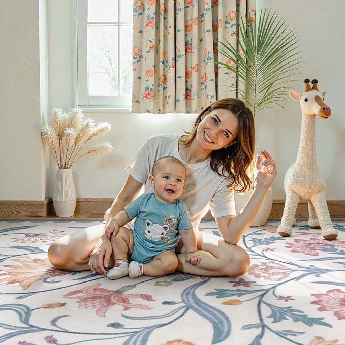 Lahome Boho Floral Washable 8 x 10 Area Rugs for Living Room, Grey/Beige Non Slip Rugs for Bedroom, Ultra-Thin Indoor Throw Dining Room Carpet for Under Table Home Office Playroom(Grey/Beige,8x10)