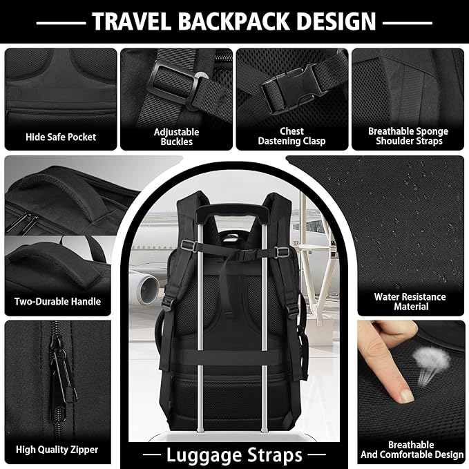 Carry On Backpack,50-60L Expandable Large Capacity Travel Backpack with Cable Access Port Fits18.4 Inch Laptop,Water Resistant Weekender Backpack for Men Women Business College Hiking Commuting,Black