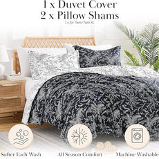 Southshore Fine Living, Inc. Reversible Floral Duvet Cover Full Size – Easy Care Full/Queen Bedding – Includes 1 Floral Duvet Cover and 2 Pillow Shams, Machine Washable, Winter Brush Black