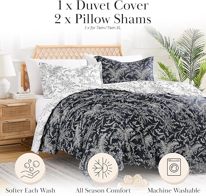 Southshore Fine Living, Inc. Reversible Floral Duvet Cover Full Size – Easy Care Full/Queen Bedding – Includes 1 Floral Duvet Cover and 2 Pillow Shams, Machine Washable, Winter Brush Black
