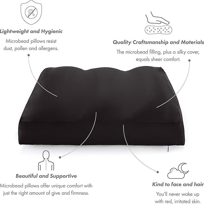 PILLOWY Cover Only for Premium Microbead Bed Pillow, Medium Extra Smooth - Ultra Comfortable Sleep with Silk Like Anti Aging Cover 85% Spandex/ 15% Nylon Breathable, Cooling Matte Black