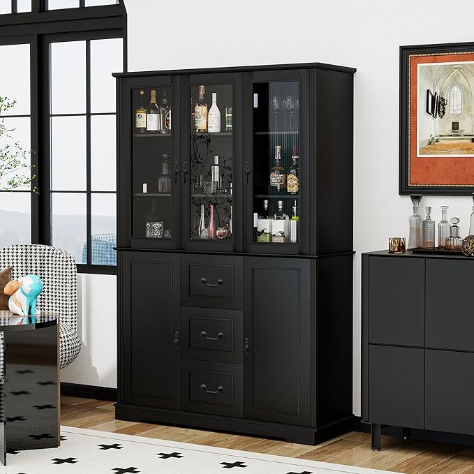 70.9" Tall Bookcase Display Storage Cabinet Hutch with Glass Doors & Drawers - Curio Display Bookshelf Kitchen Pantry for Home, Kitchen, Living Room.