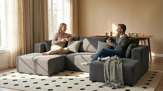 Furnimart 112" U Shaped Modular Sectional Sofa with 2 Ottomans, Boneless Cloud Couch with Chaise for Living Room, Modern Deep Seat Lounge Sleeper Couch Bed, No Assembly, Corduroy Dark Grey