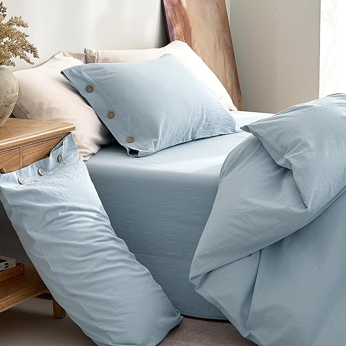 JELLYMONI 100% Washed Cotton Duvet Cover King – Soft, Breathable Linen-Look Bedding with Natural Wrinkle Texture, Button Closure, 3-Piece Set (Mist Blue, 104"x90")