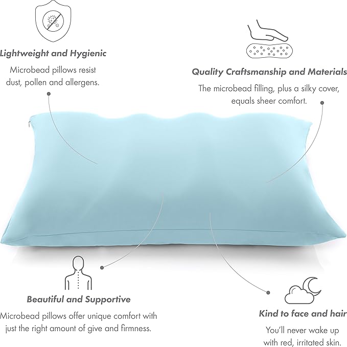 PILLOWY Premium Microbead Bed Pillow, X-Large Extra Fluffy But Supportive - Ultra Comfortable Sleep with Silk Like Anti Aging Cover 85% Spandex/ 15% Nylon Breathable, Cooling Sweet Baby Blue