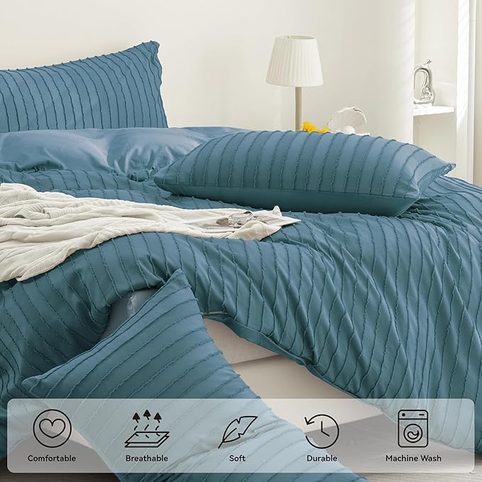 JELLYMONI Duvet Cover Full Size Grayish Blue - 3PCS Boho Striped Duvet Cover Set Polyester Tufted Bohemian Textured Comforter Cover 80×90in with Corner Ties & Zipper and 2 Pillowcases
