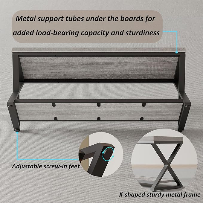 IBF Industrial Wood Entryway Bench, Indoor Farmhouse Hallway Accent Entry Bench for Seating Sitting with Storage, Metal Shoe Rack Grey Bench Organizer in Foyer Bedroom, Light Grey Oak, 47 Inch Long